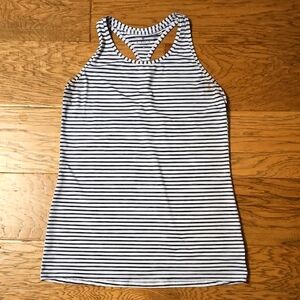 Athleta Racerback Tank Top Navy White Stripes Medium CYA Longer Length Workout